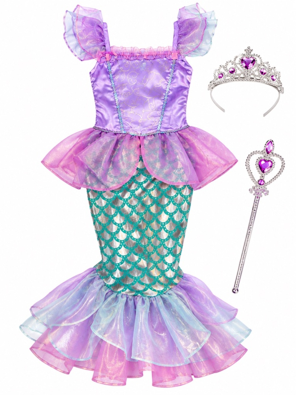 Girls Purple and Teal Mermaid Princess Costume with Tiara & Wand